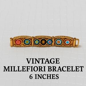 Vintage Millefiori Bracelet – 6 Inches – Gold Tone & Colorful Floral Glass